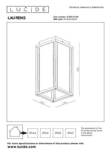 Lucide LAURENS - Plafonnière Buiten - 1xE27 - IP54 - Zwart - technisch